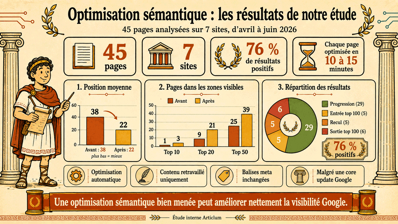 Infographie — Résultats de l'étude : 45 pages optimisées sur 7 sites, 76 % en progression ou entrée dans le top 100, position moyenne 38 → 22, score SEO du contenu 40 → 69